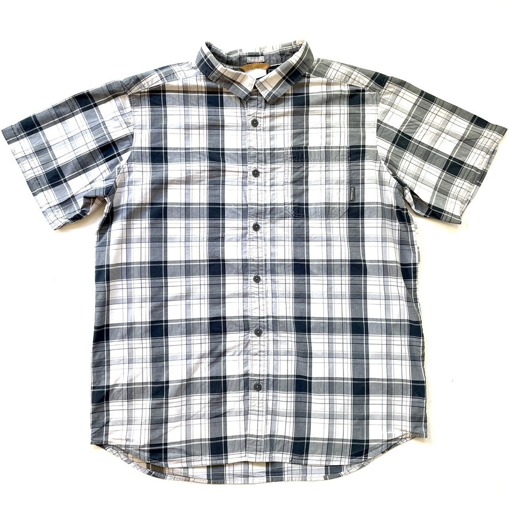 Columbia Men's XL Gray White Plaid Button Up Shirt Hiking Thompson Hill Yarn Dye